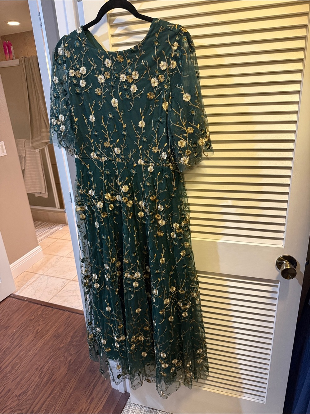 Baltic Born Emerald Green Midi Dress with Gold & White Floral Embroidery